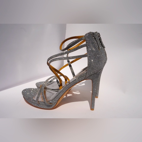BADGLEY MISCHKA Evening Silver Sparkle 4.5” Strappy Heels - Picture 2 of 6